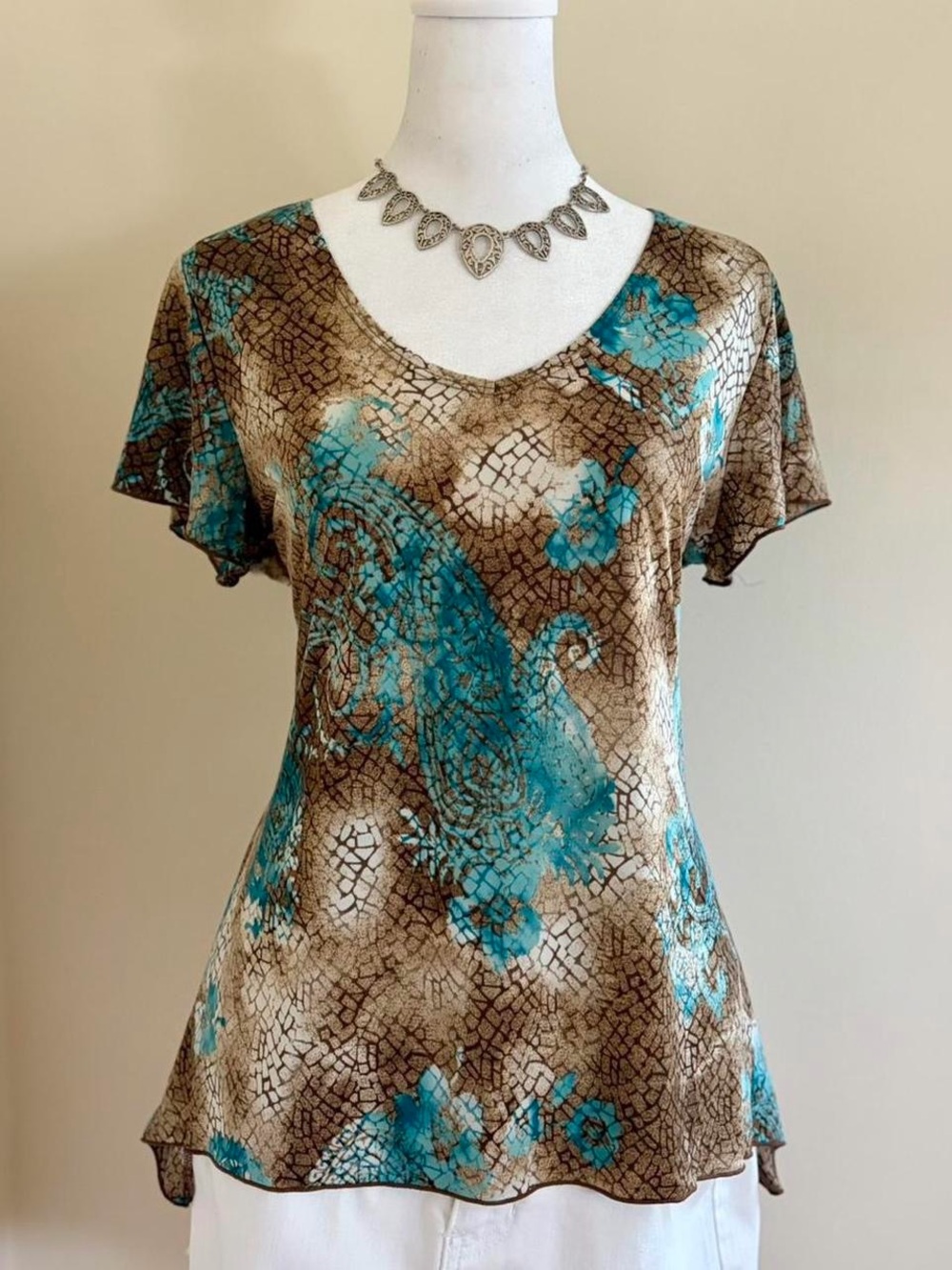 Vintage Y2K fairy paisley top floral boho brown blue draped asymmetrical M-L